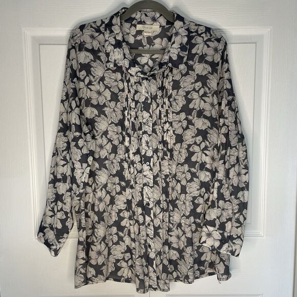 Greige Long Sleeve Gray Floral Button Down Blouse Women’s Size XL - Picture 1 of 7